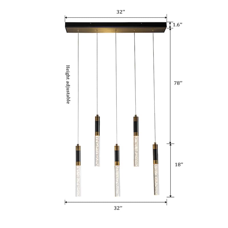 CraftHome 5-Light Modern Linear Seeded Bubble Glass Integrated LED Dimmable Pendant Light In Matte Black For Dining Room