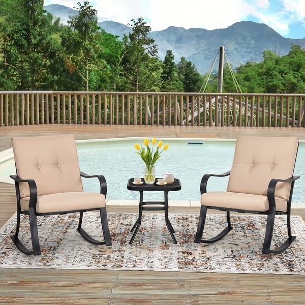 slide 2 of 26, Solaura 3-piece Outdoor Patio Rocking Chairs Conversation Bistro Set Brown