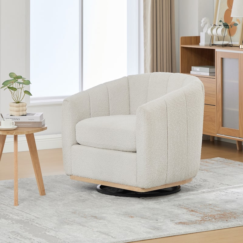 Chenille Upholstered Swivel Barrel Chair, Tufted Pumpkin-Shape Club Armchair, Lounge Reading Chair with Metal Base