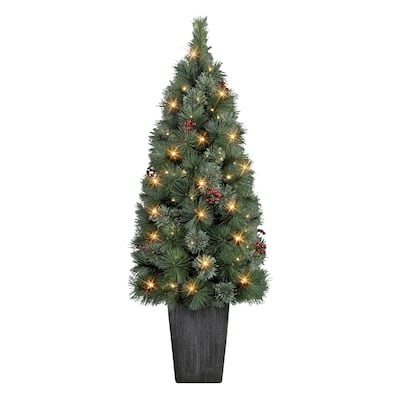 4 ft B/O Potted Cascade Pine Tree. 100 Tips, 100 Warm White LED Lights