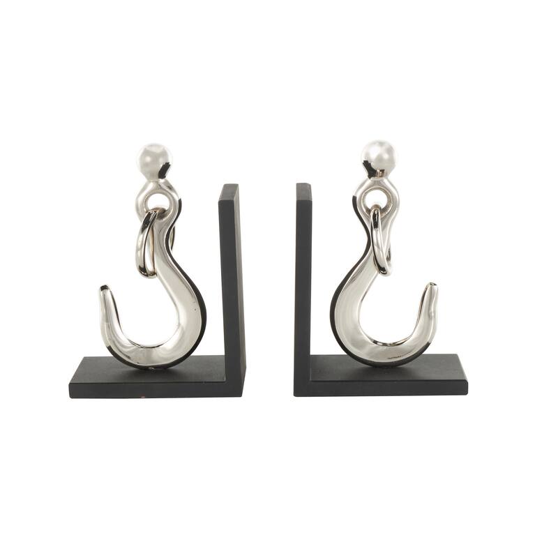 Silver Aluminum Metal Hook Decorative Bookends with Black Bases (Set of 2)