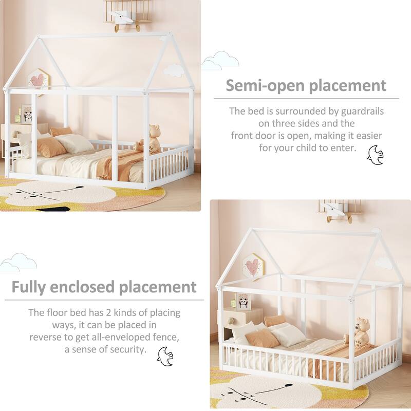 Twin/Full Size Floor Bed with Wooden House Roof Frame and Safety Guardrails for Children's Bedrooms, Small Space