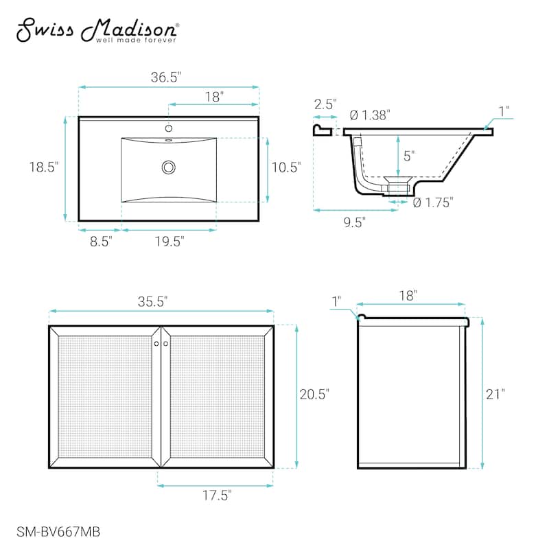 Classe 36 In. Brown Oak Wall Hung Bathroom Vanity With Black Ceramic Sink Top