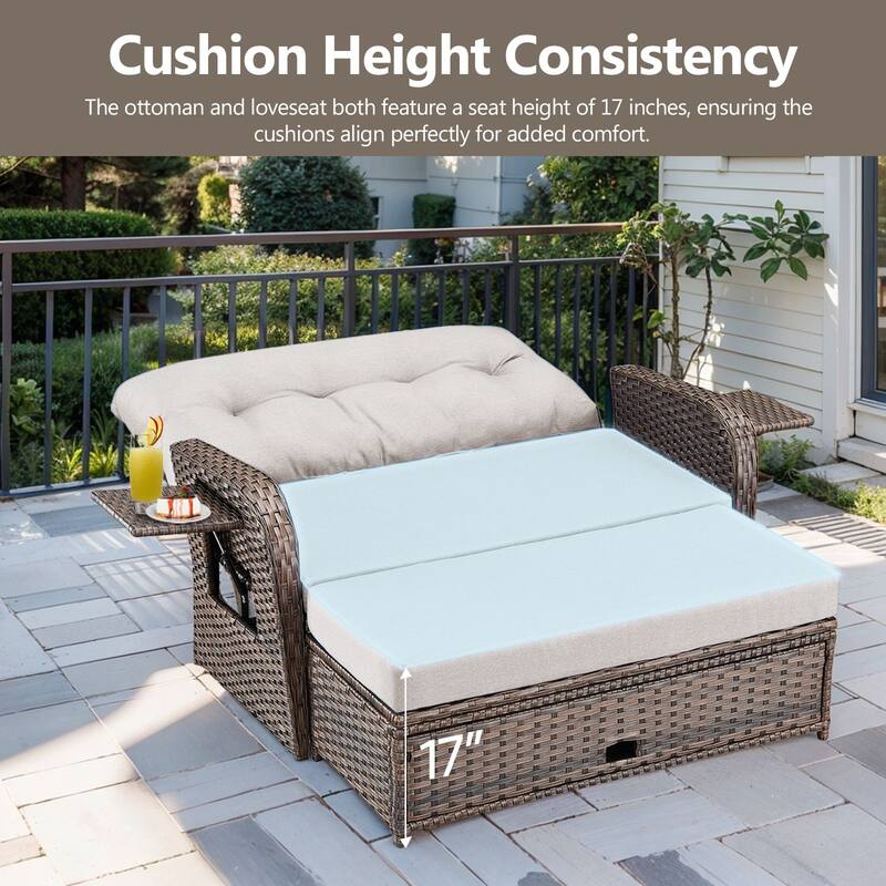 Gymojoy Adjustable Outdoor Wicker Daybed Patio Sofa Bed, 5-Position with Storage Ottoman