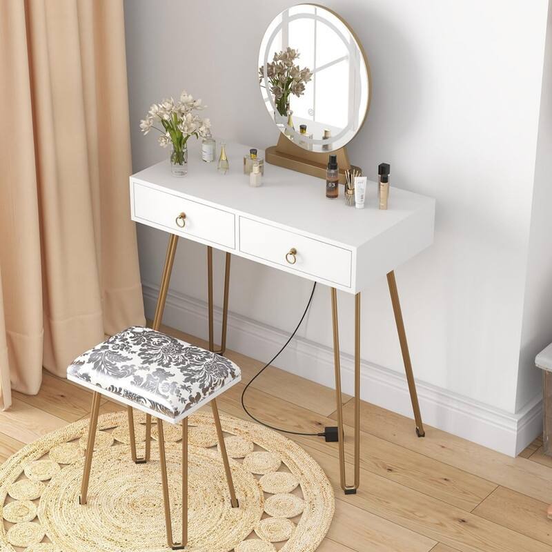 Makeup Vanity Desk with LED Mirror, 2 Drawers, Gold Legs & Padded Stool