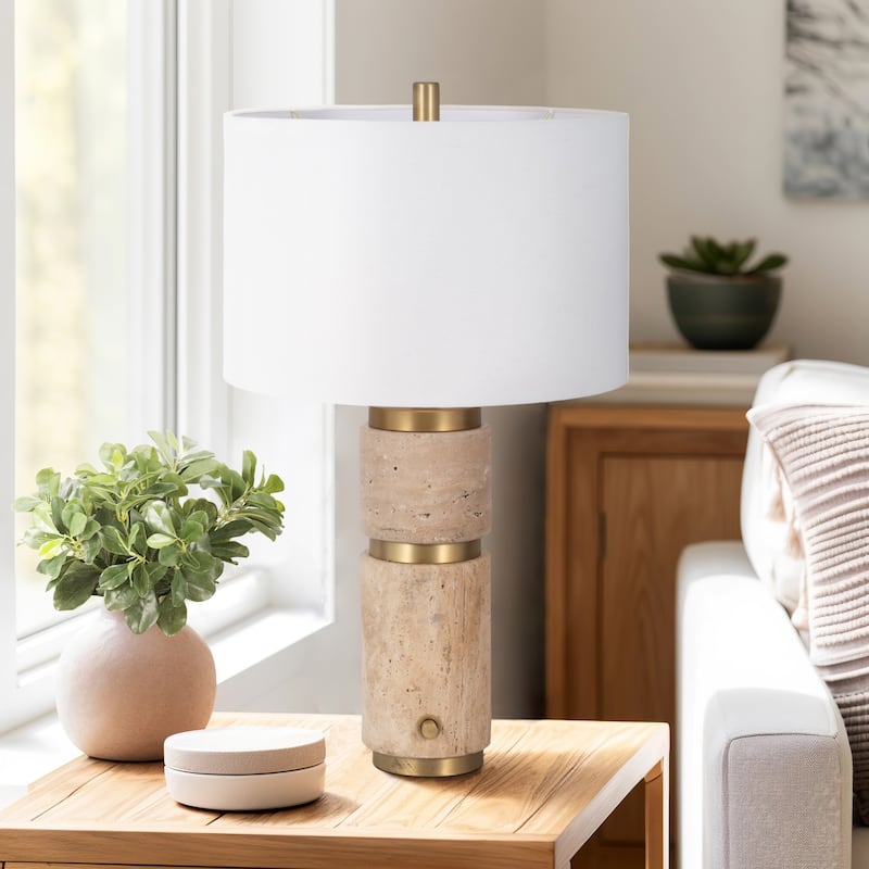 Sagebrook Home 26" Knox Travertine Table Lamp, Gold/Ivory, Cylinder, 26"H - 15" x 15" x 26" - 15" x 15" x 26" - Gold/ivory