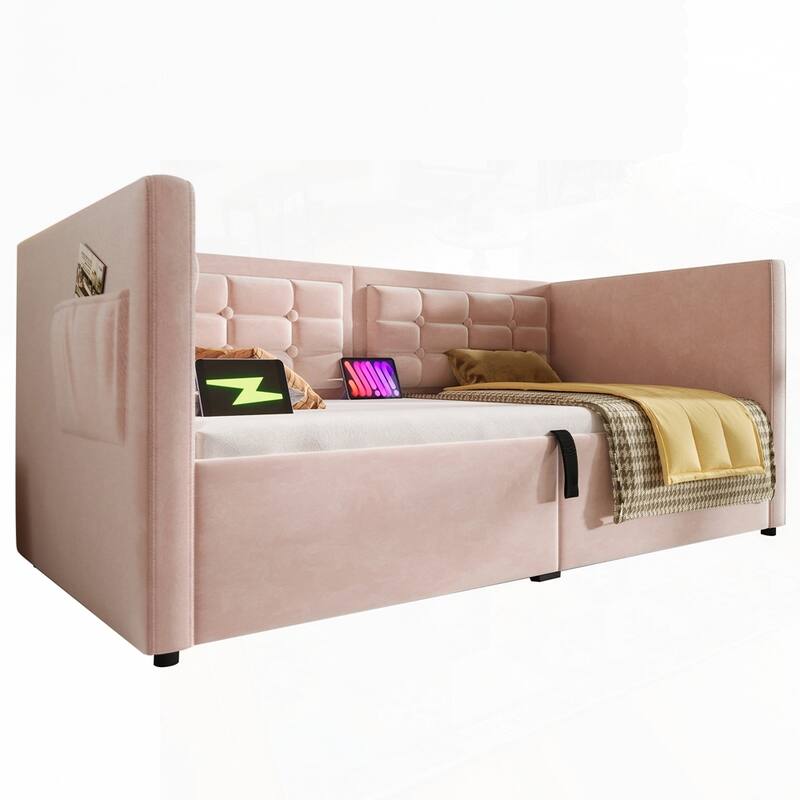 Hydraulic Storage Twin Bed Frame with Wooden Slats and Tufted Sofa Back