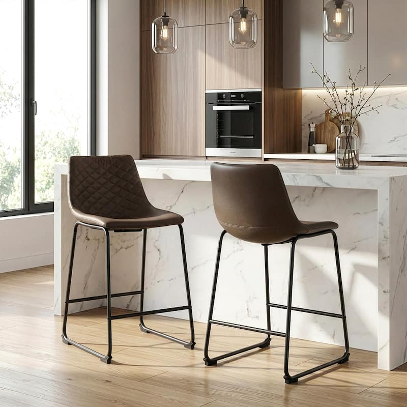 Set of 2 Ave Iron Frame Brown Faux Leather Counter Stool w' Stitching