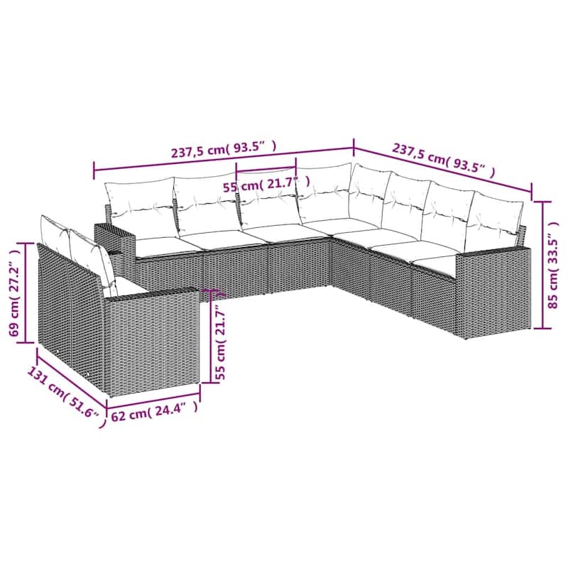 vidaXL Patio Sofa Set with Cushions Outdoor Conversation Furniture Poly Rattan - 25.8" x 24.4" x 27.2"