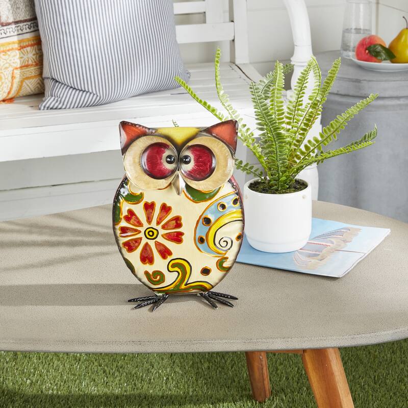 Yellow Metal Indoor Outdoor Owl Decorative Garden Sculpture with Floral Pattern