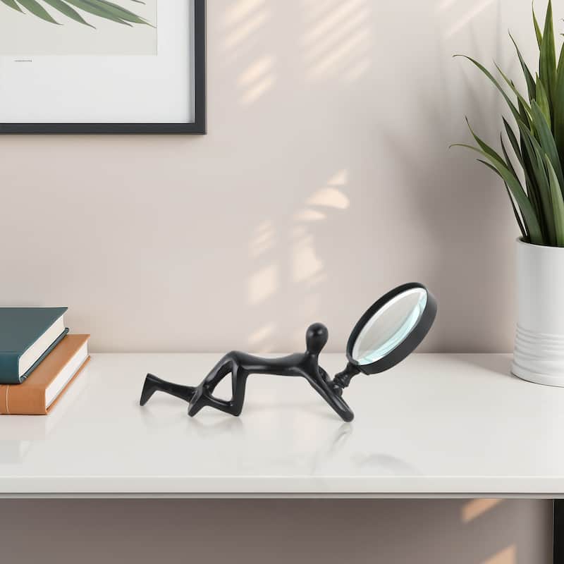 Glass Metal Decorative Object Human Figure Holding Magnifying Glass - Black - 9" x 3" x 3"