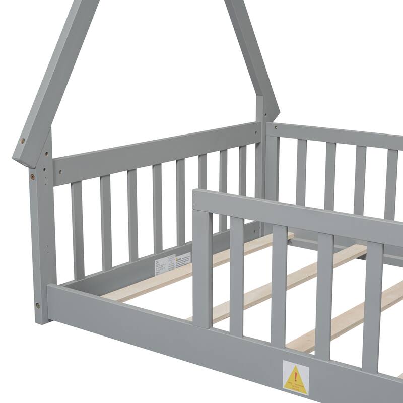 Tent-Shaped Twin Size Floor Bed with Fence and Guardrails, Pine Wood Construction