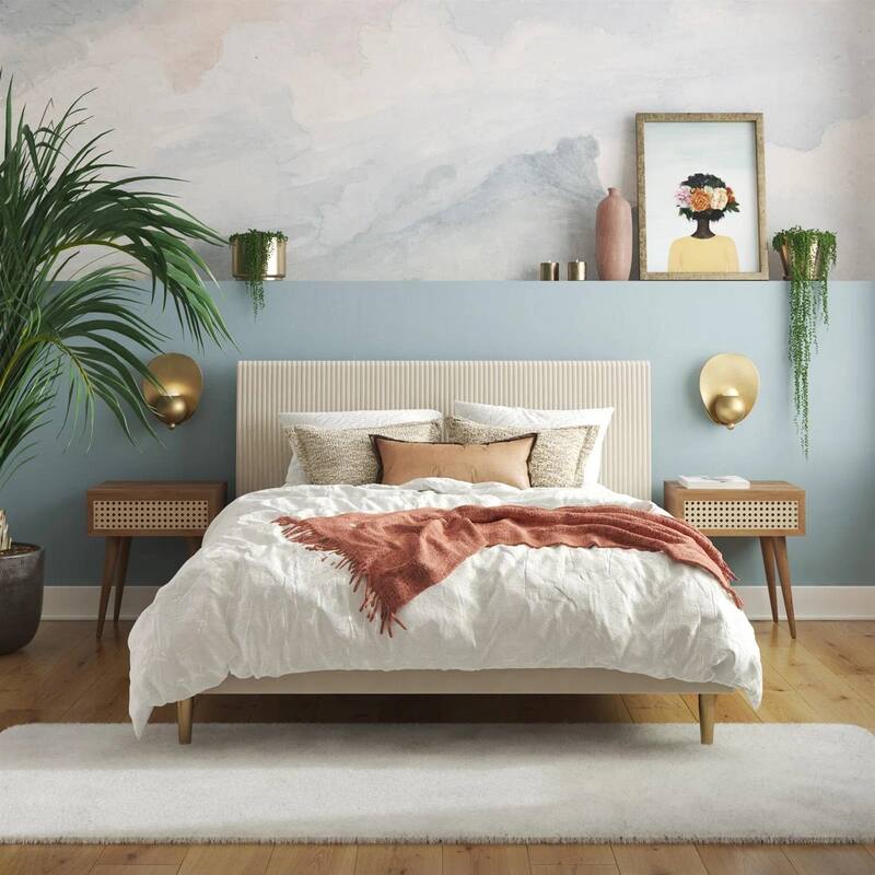 Off-White Ivory Cream Upholstered Platform Bed Frame with Headboard