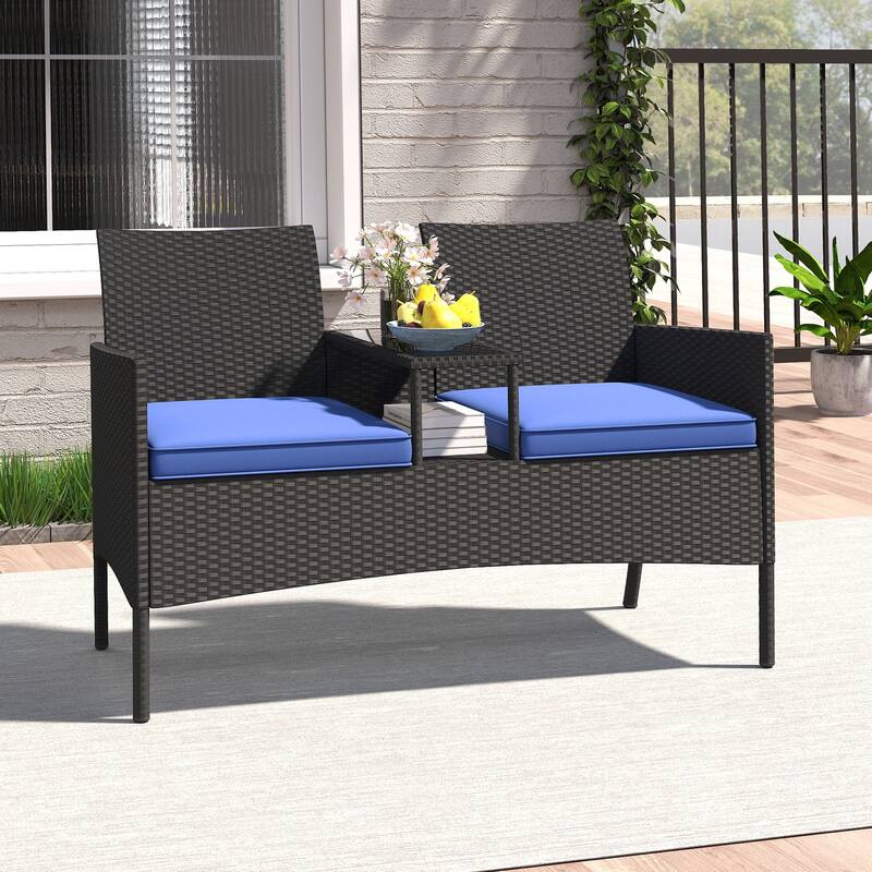 Gymax Patio Loveseat w/ Built-in Table Soft Cushions & Tempered Glass - Blue