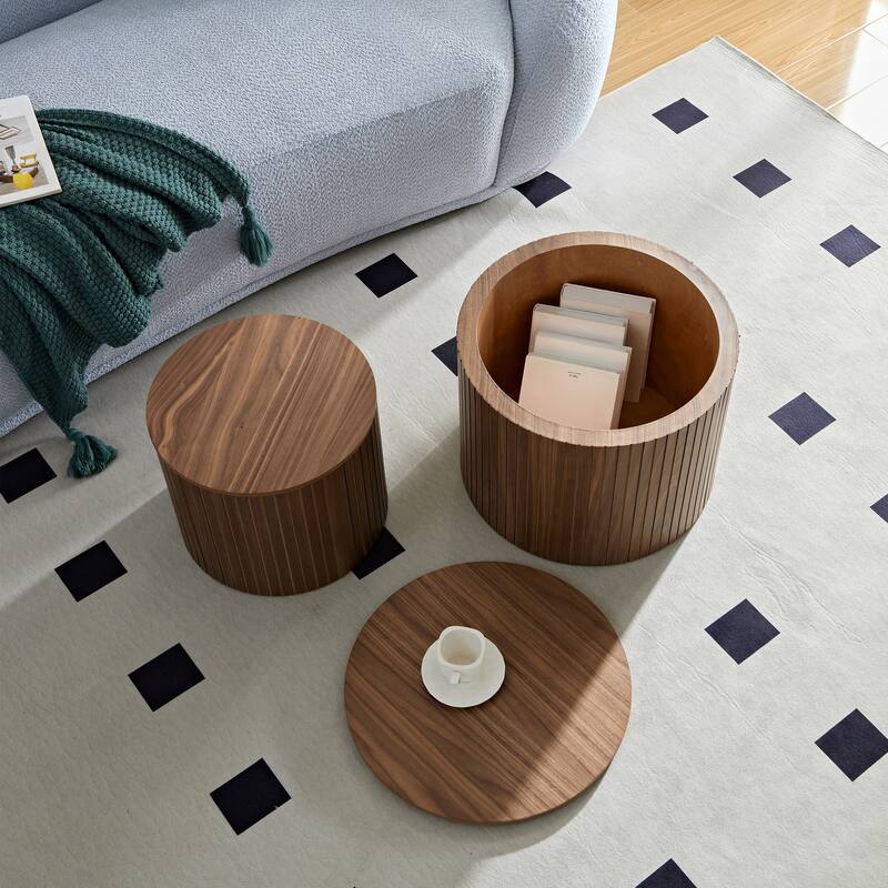 Set of 2 Round Nesting Tables, Vertical Stripe Coffee Table Sets with Hidden Storage and Disassembled Tabletop
