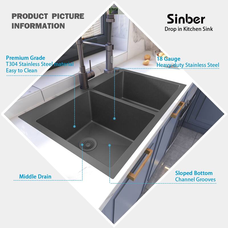 Sinber Drop in Double Bowl 304 Stainless Steel Kitchen Sink