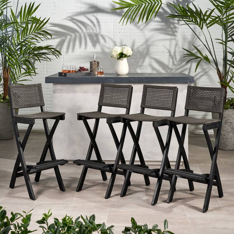 Polaris Acacia Wood Outdoor Folding Barstools (Set of 4) by Christopher Knight Home - Dark Gray Finish + Brown