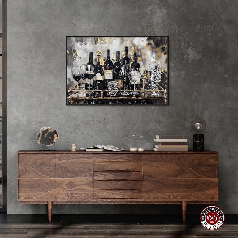 Notoriart Now Serving Champagne Framed Bar Cart Art For Men