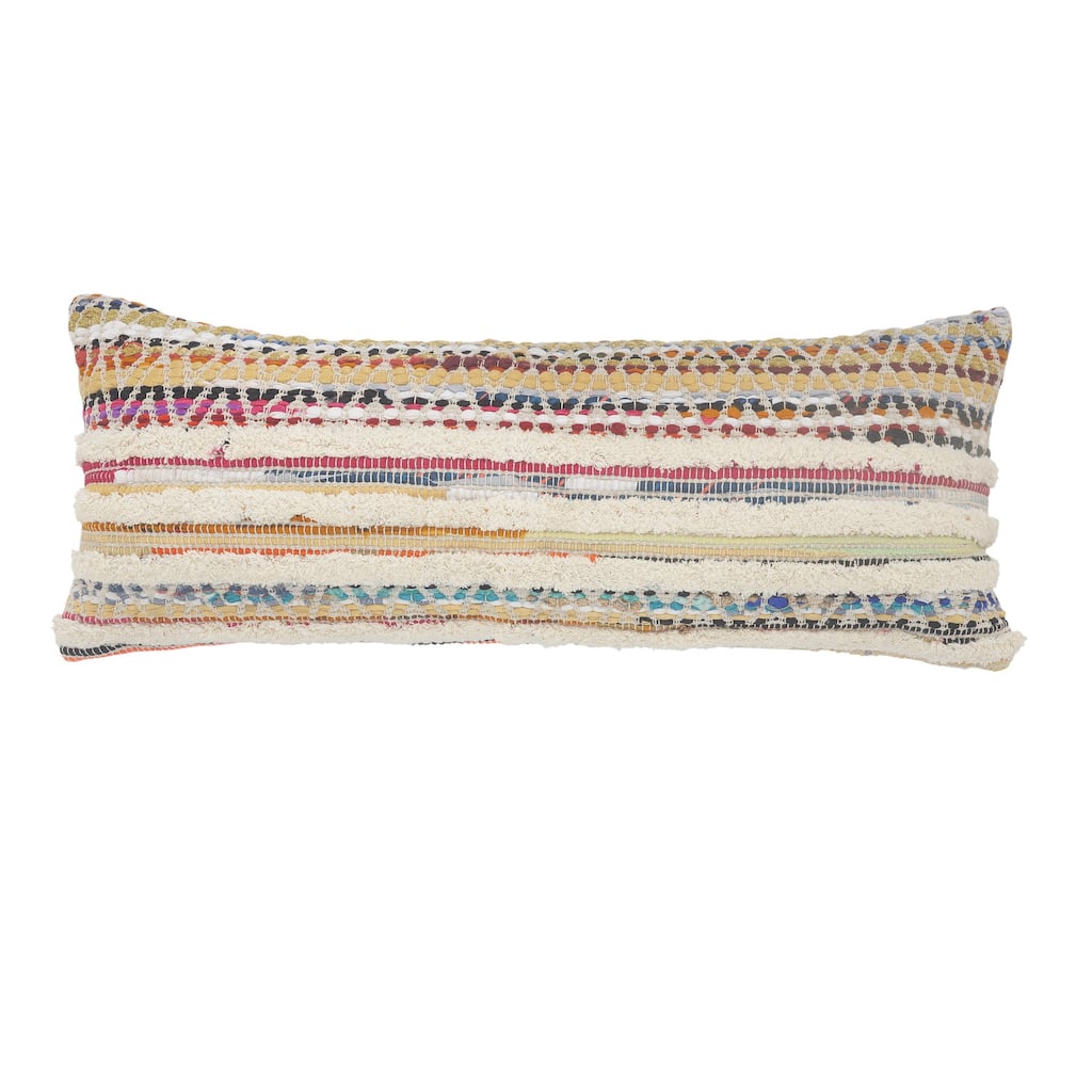 HomeRoots 14" X 36" Off-White Red Blue Orange And Green 100% Cotton Striped Zippered Pillow