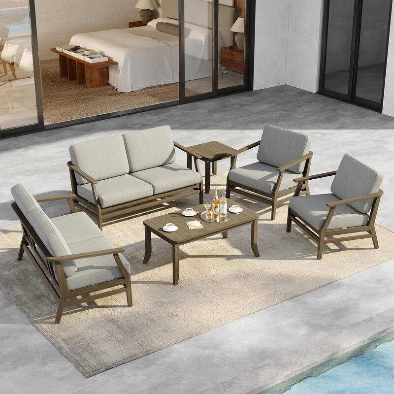 6-Seat Outdoor Teak Wood Patio Conversation Set with Cushions Tables