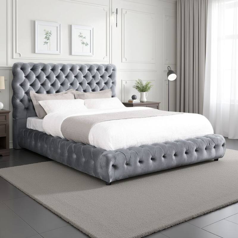 Goy Queen Size Bed, Diamond Tufted Gray Velvet Upholstery, Low Profile