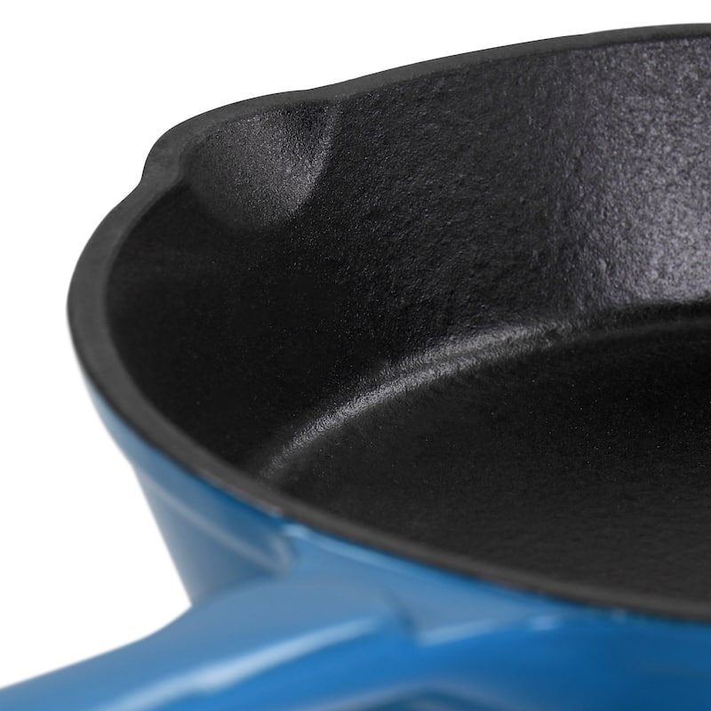 8 Inch Round PreSeasoned Dual Pour Spout Enameled Cast Iron Frying Pan in Ocean Blue