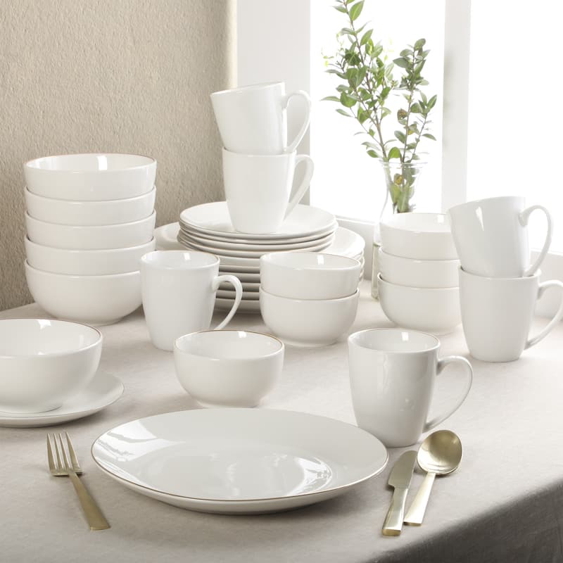 Gibson Home Ogalla 30 Piece Plates, Bowls, & Mugs Dinnerware Set - Service for 6 - White Porcelain W/ Gold Band