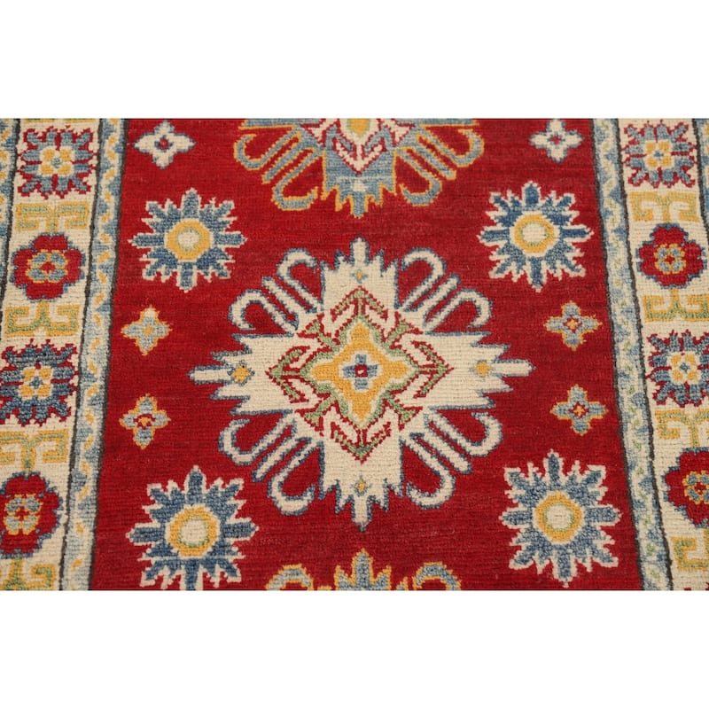 Geometric Red Kazak Oriental Foyer Rug Hand-Knotted Wool Carpet - 2'7" x 4'1"