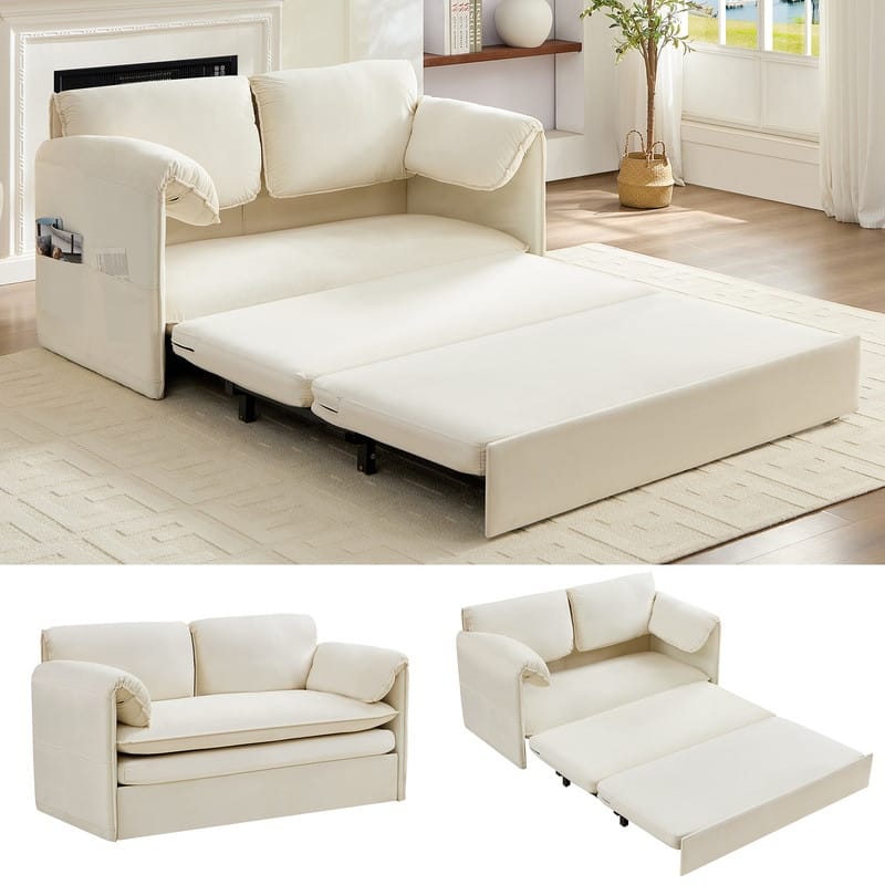 Mixoy 3-in-1 Convertible Pull Out Loveseat Sleeper Sofa Bed with Foldable Armrest, Velvet Pull out Chaise Lounge Couch