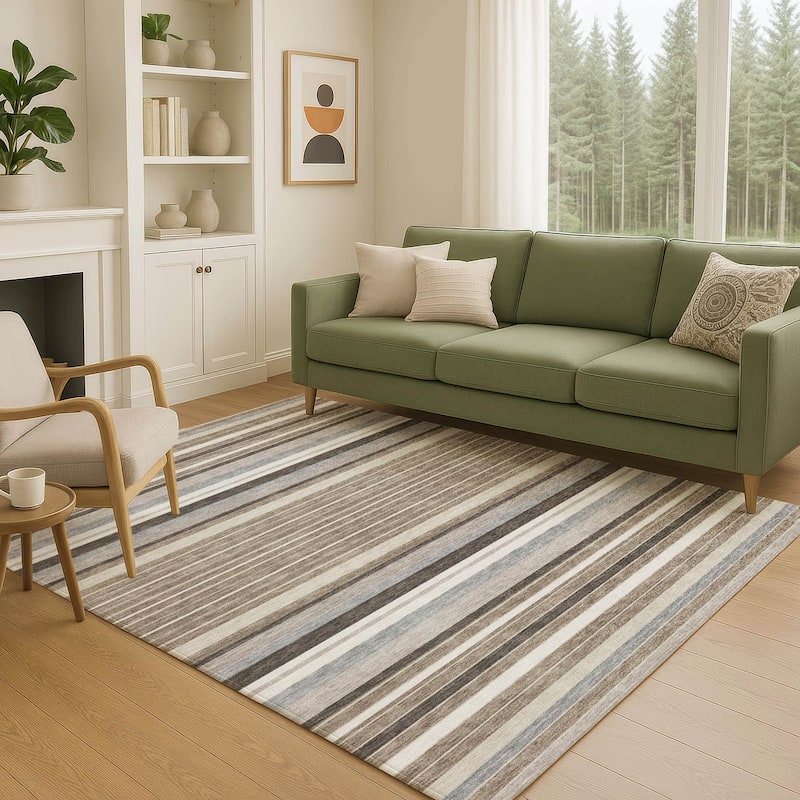 Machine Washable Indoor/ Outdoor Modern Stripes Chantille Rug