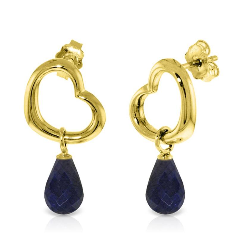 14K Solid Gold Heart Gemstone Earrings w/ Dangling Natural Sapphires - Yellow