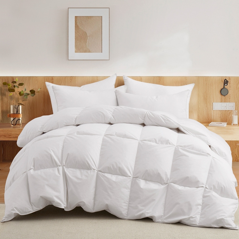 All Season 100% Cotton White Goose Feather Down Comforter with Pinch Pleat Design