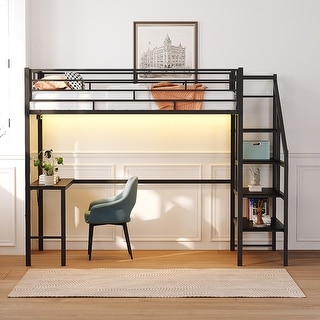 Twin Black Metal Loft Bed with Desk,Charging Station,LED Light,Heavy Duty,Staircase,Storage Shelves
