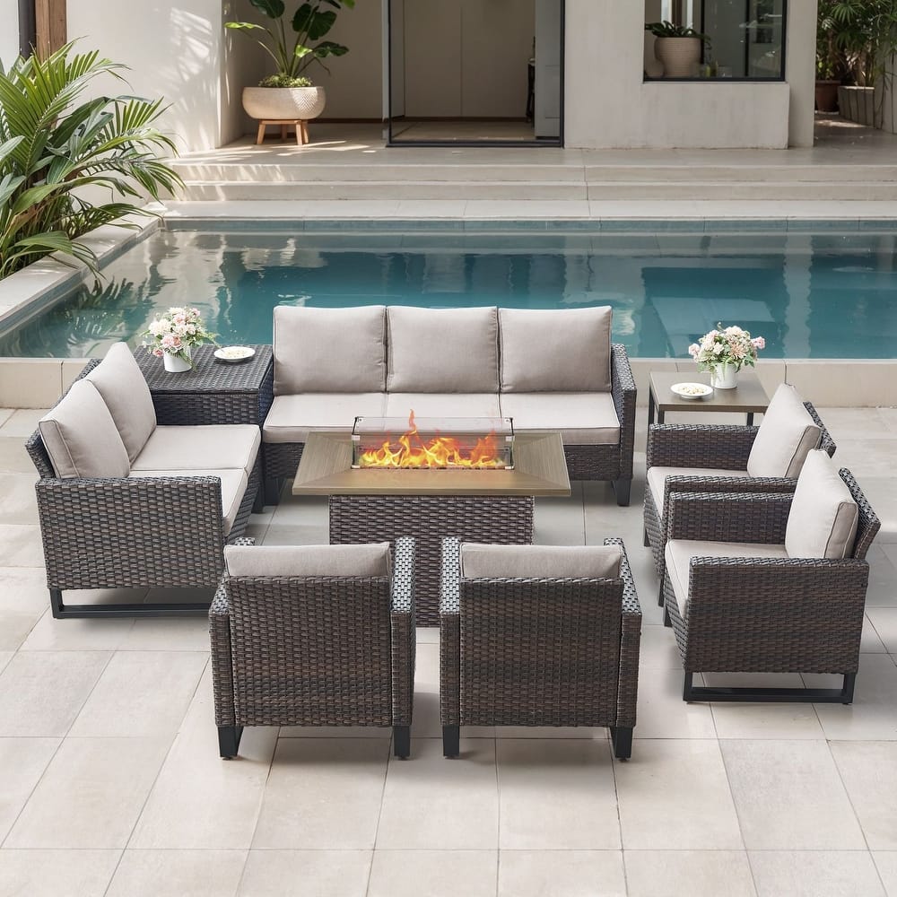 Gymojoy 9 Piece All-Weather Wicker Outdoor Patio Family Conversation Set Group With Fire Pit Table