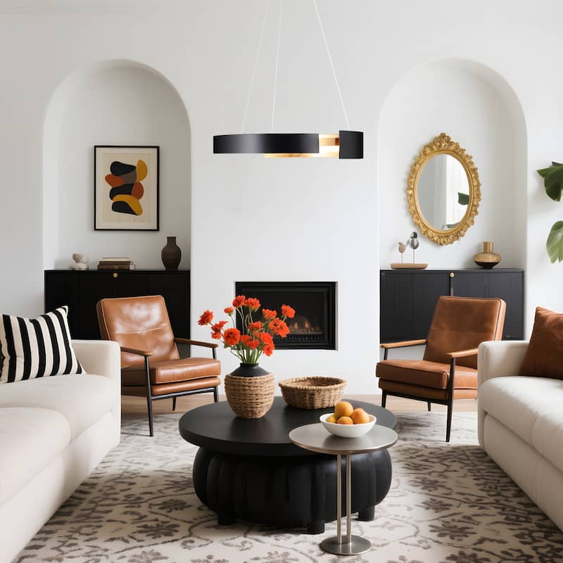 Modern 1-Light Black Gold LED Chandelier Round Metal Pendant Lights for Dining Room