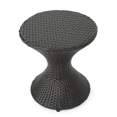Deno Patio Side End Table, 16 Inch Iron, Hourglass Shape, Brown Wicker