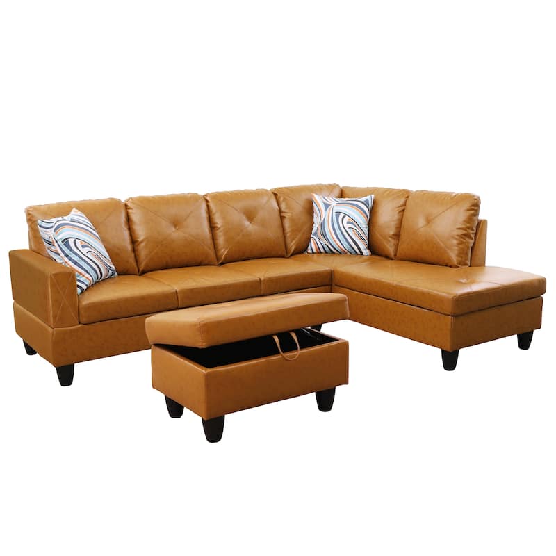 L-Shaped PU Leather Sofa & Chaise with Ottoman