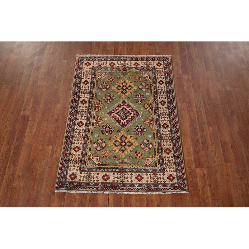 Light Green Kazak Accent Rug Handmade Wool Carpet - 3'4" x 4'9"