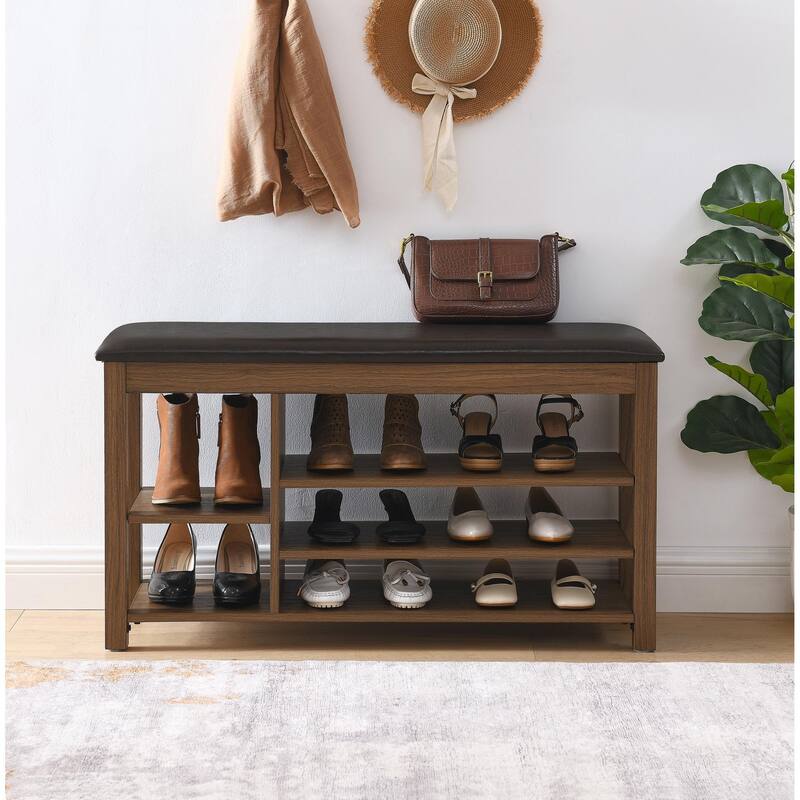 Height-Adjustable Long Shoe-Changing Bench - Brown