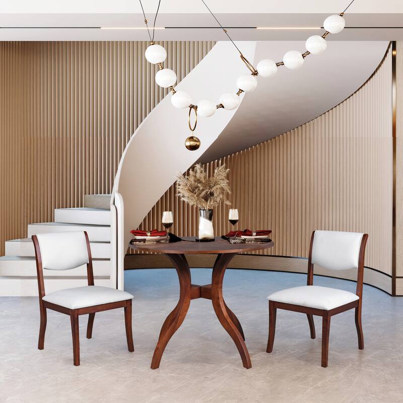 39.4"Round Walnut Dining Table Set With 2 Matching Chairs - Traditional Solid Wood Kitchen Ensemble - White+Walnut