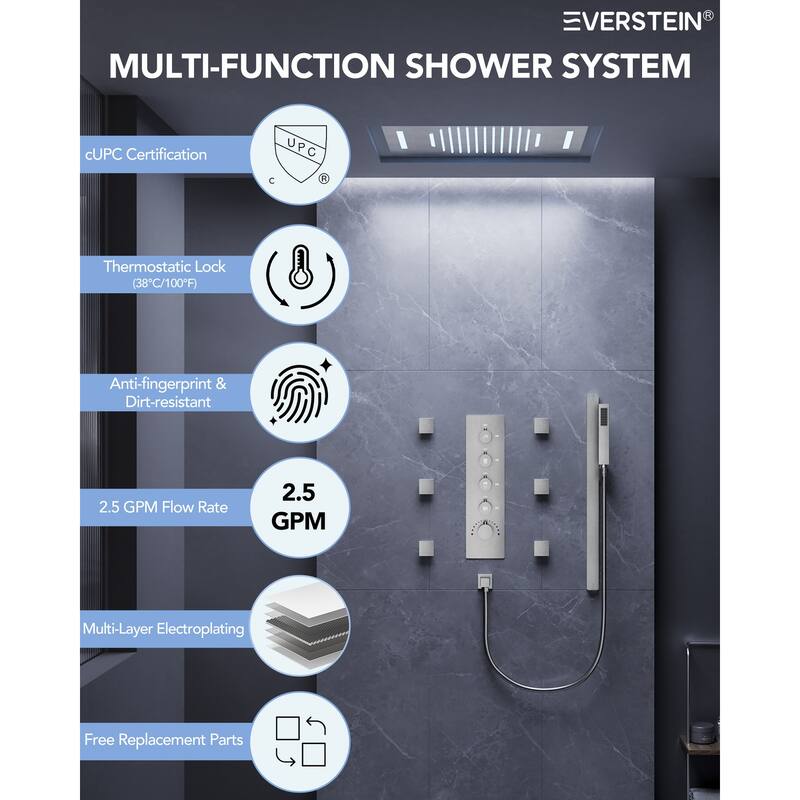 64 Color LED Mood Lighting Thermostatic Shower System with Slide Bar, 23" x15" Bathroom Shower Faucet Set - 22"x15"