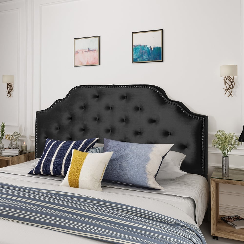 Roomfitters Adjustable Fabric Headboard for Queen and Full Size Bed with Nailhead Trim