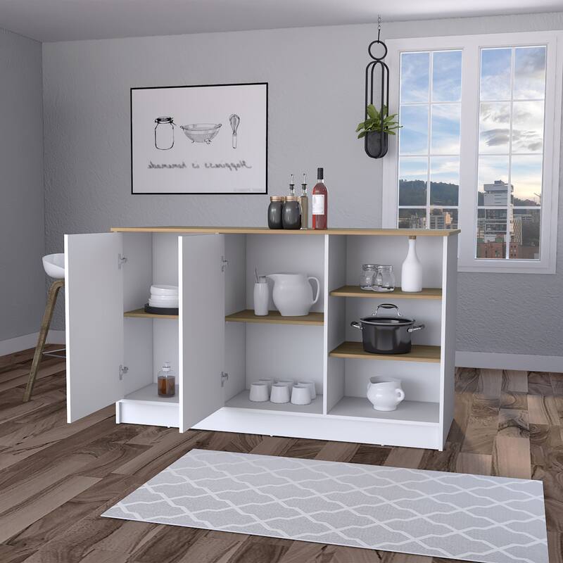 White and Ash 2-Door Kitchen Island with 3 Open Shelves
