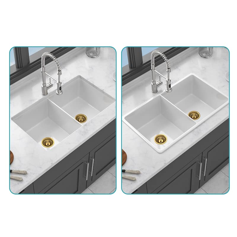 32 Inch Undermount Double Bowl Ceramic Kitchen Sink in White - 32'' x 19'' x 10''