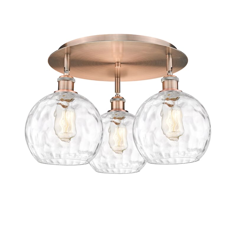 Innovations Lighting Athens Water Glass - 3 Light 20" Flush Mount - Clear Water Glass/Antique Copper