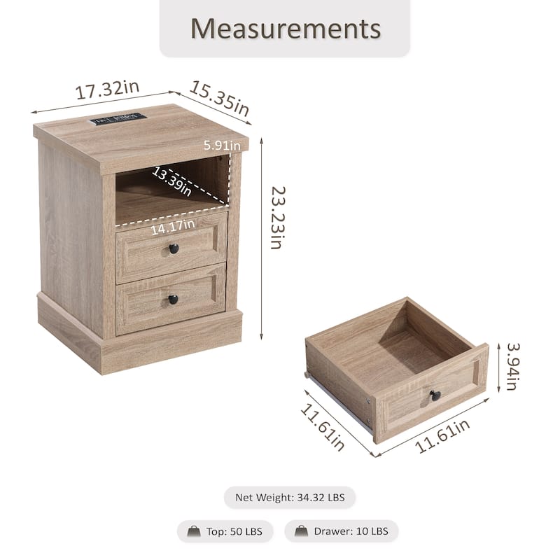 COZAYH Farmhouse Nightstand with Charging Station, Vintage Bedside Table Featuring Outlet & USB Ports, 2 Drawers and Open Shelf