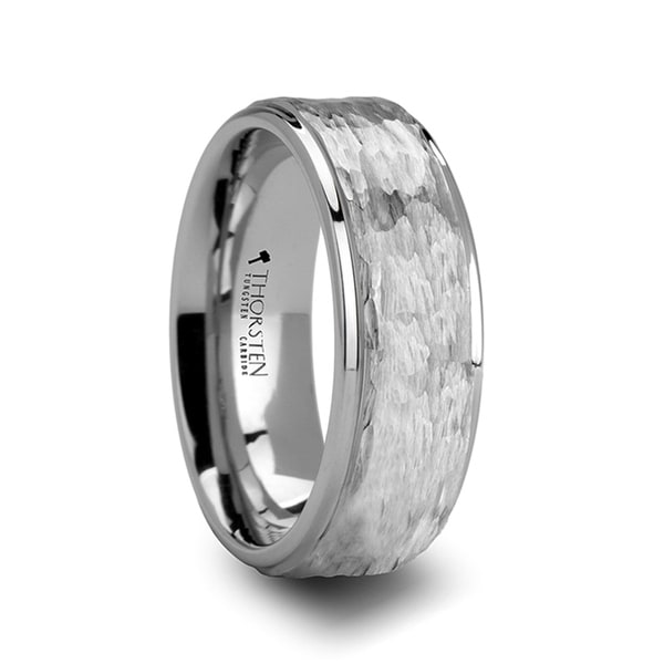 WINSTON White Tungsten Ring with Raised Hammered Finish and Polished Step Edges
