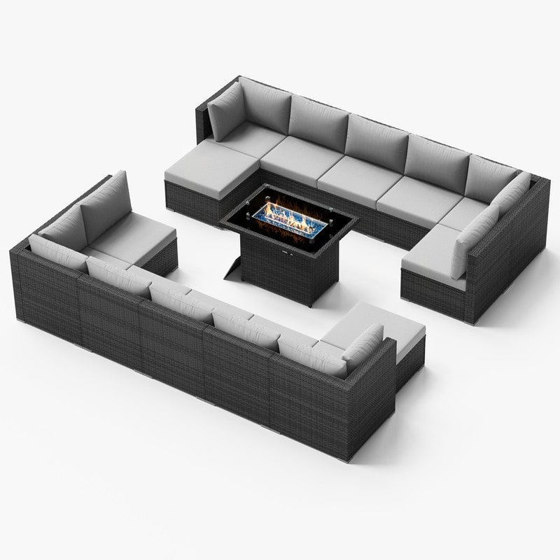 FINCATI 15-Piece Grey Wicker Patio Conversation Sofa Set with Ottomans, 43″ Fire Pit Table - Silver