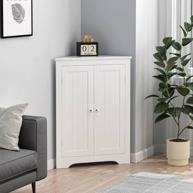 Floor Corner Cabinet with 2 Doors and Adjustable Shelves,Freestanding Narrow Cabinet Organizer,Corner Storage Cabinets