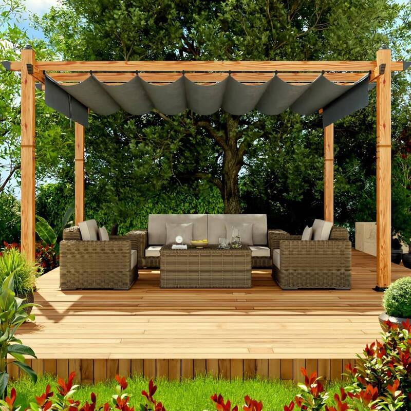 10x13 Ft Patio Outdoor Faux Wood Pergola and Gazebos for Backyard Garden Porch - Grey